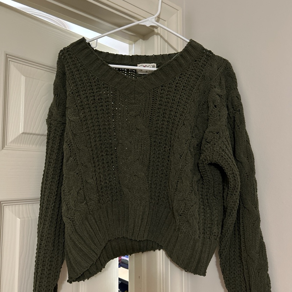 Poof! Dark Green V-Neck Cable Knit Sweater